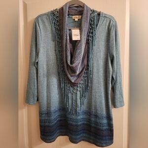 NWT One World 3/4th Sleeve Top & Fringe Scarf Set, size Large